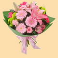 Bouquet of pink flowers with green leaves and a pink ribbon, branded with Interflora Australia.