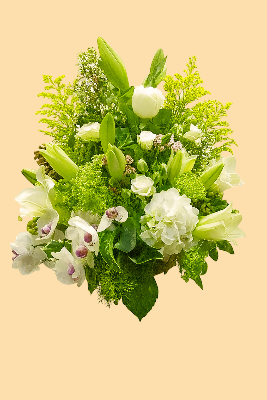 Bouquet of green and white flowers on a beige background