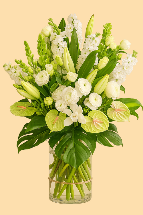 Bouquet of white and green flowers in a clear vase on a beige background