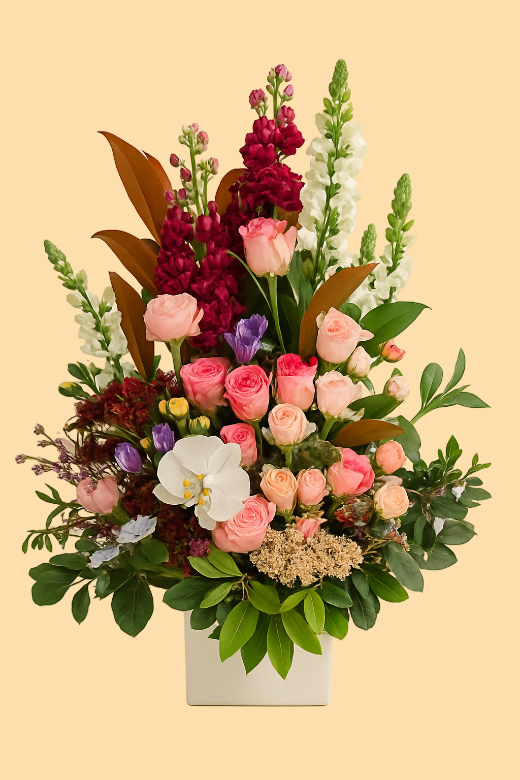 Colorful flower arrangement with pink, red, and white flowers in a box on a beige background