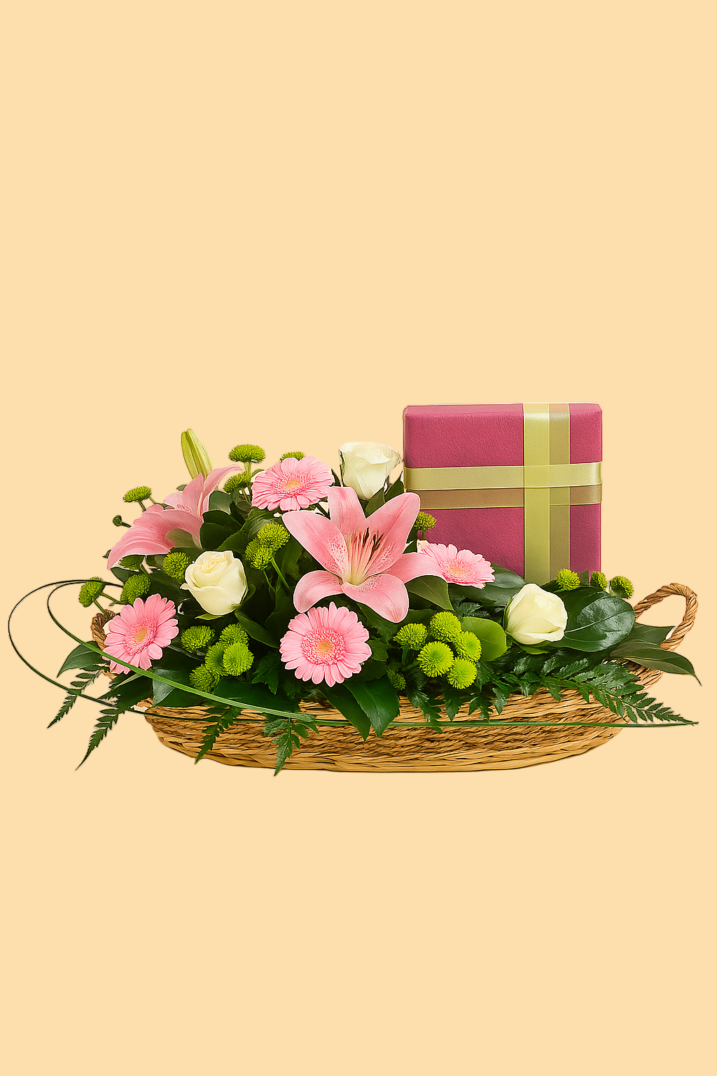 Bouquet of flowers in a basket with a gift box on a beige background