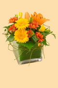 Square glass vase with a colorful flower arrangement on a beige background