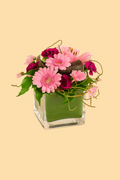 Floral arrangement with pink and purple flowers in a clear vase on a beige background