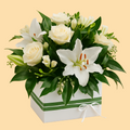 Bouquet of white flowers with green leaves in a white box on a beige background