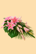 Bouquet of pink lilies with green leaves on a yellow background