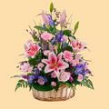 Bouquet of flowers in a basket on a beige background