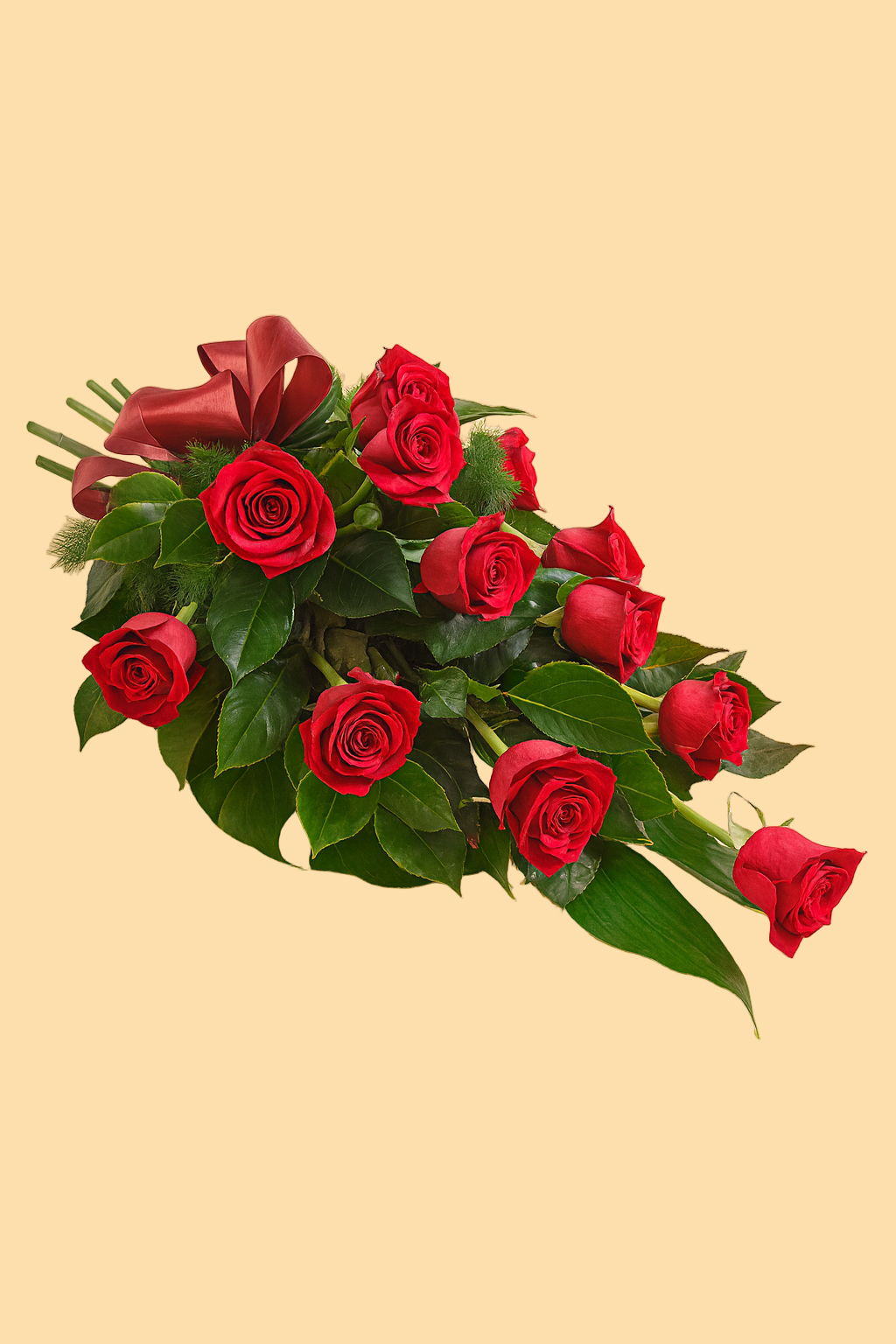 Bouquet of red roses with green leaves on a beige background