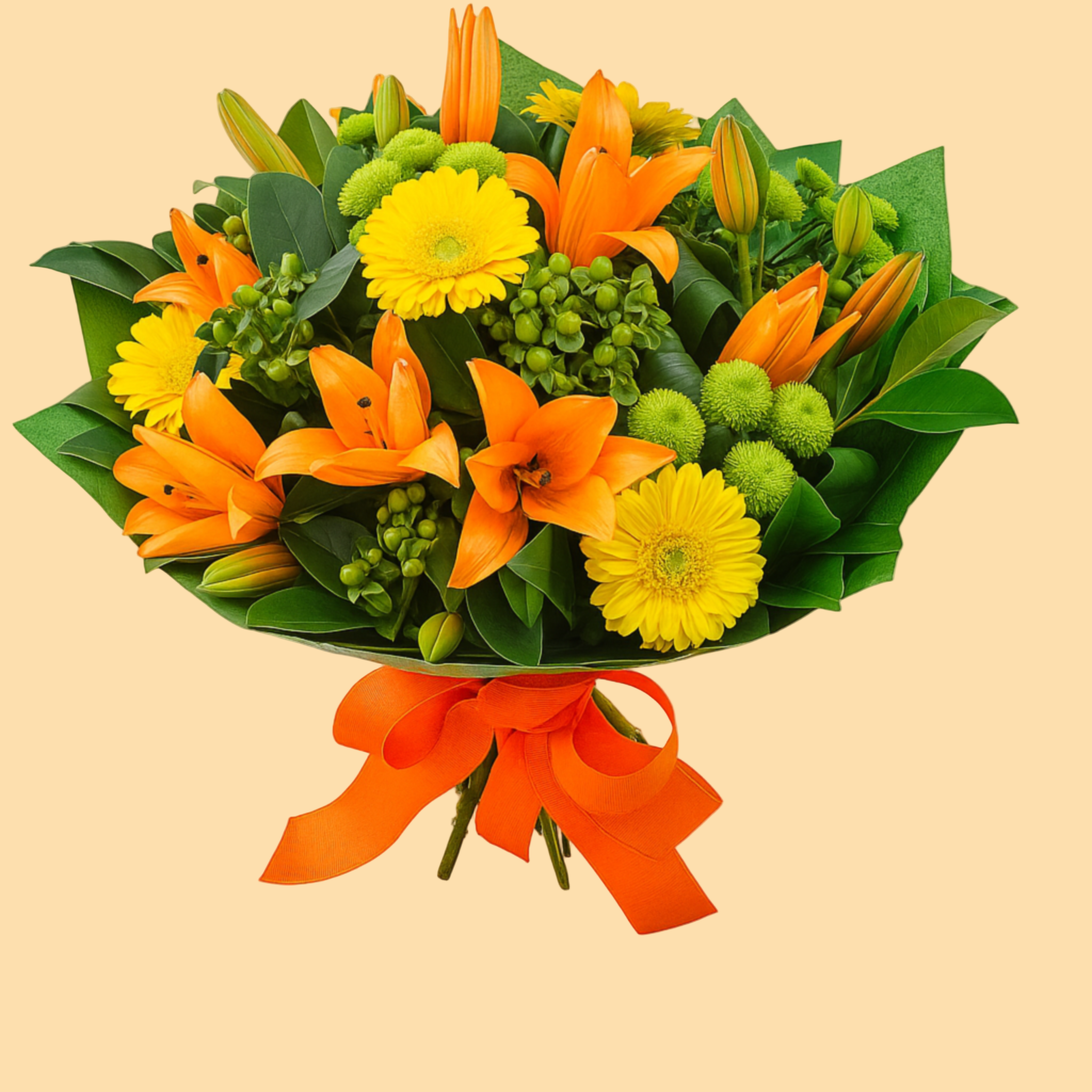 Bouquet of orange and yellow flowers with green leaves on a beige background