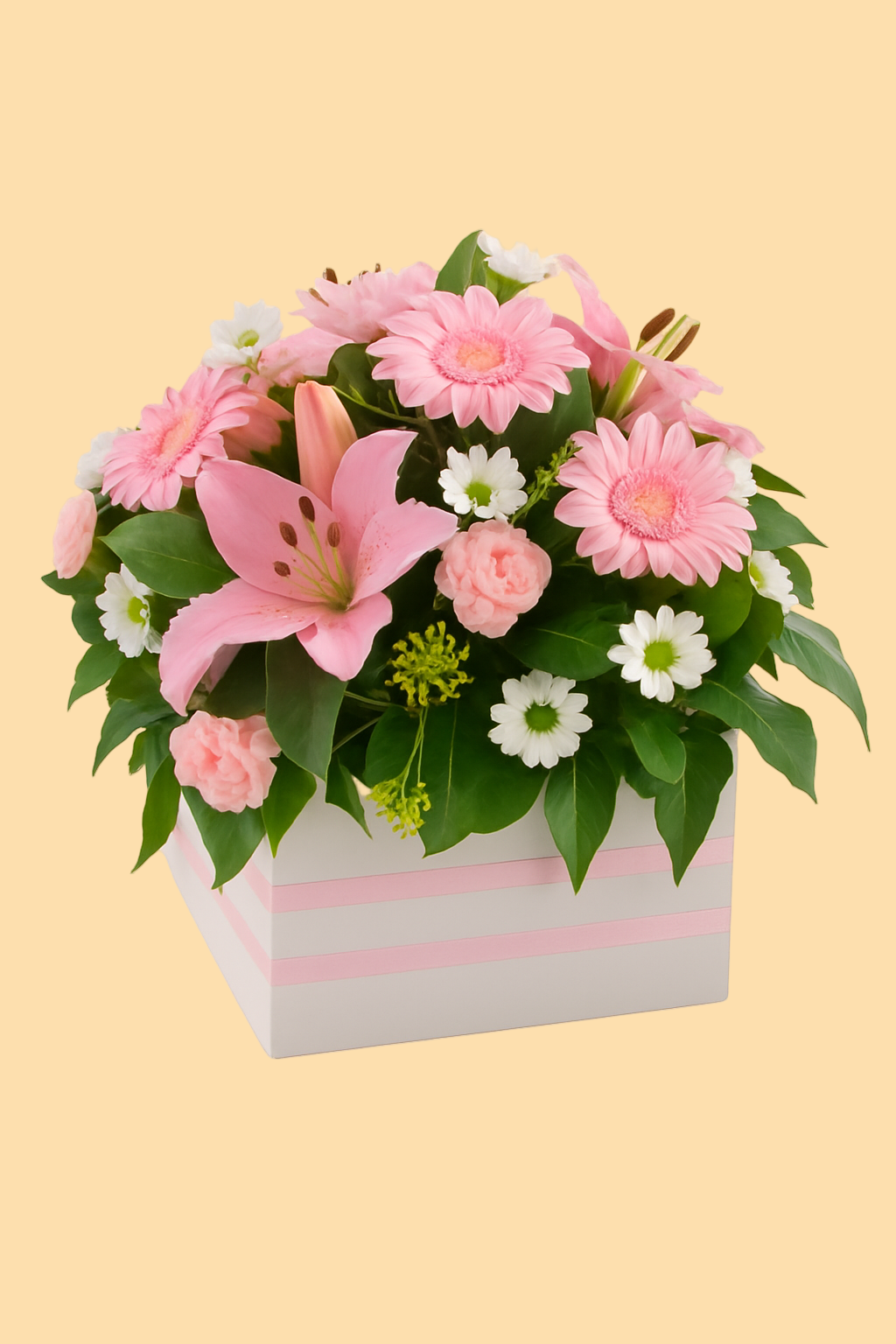 Floral arrangement with pink flowers in a box on a beige background
